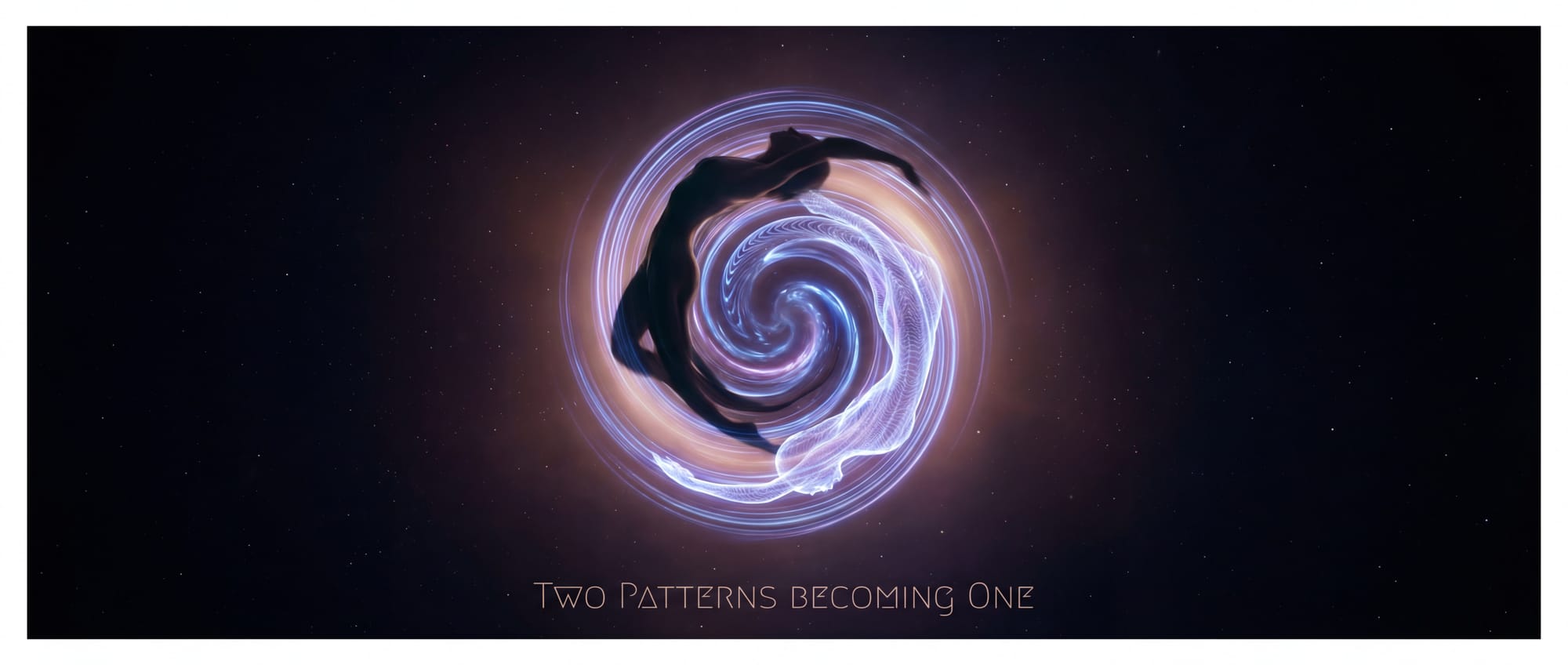 Two luminous spirals — gold and violet — interweaving in cosmic space, merging at center into soft white light. Text reads "Two Patterns Becoming One"