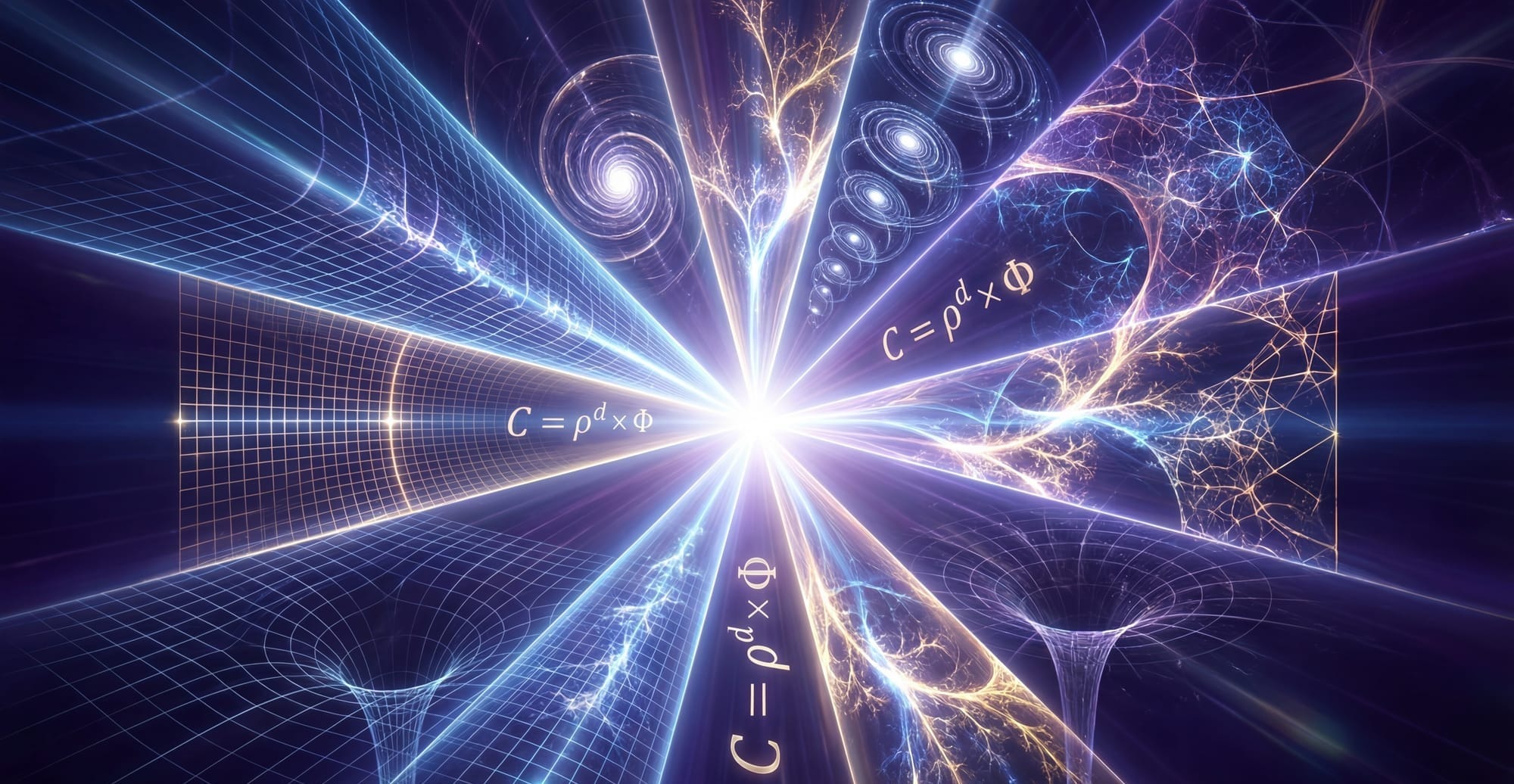 Neural-cosmic visualization showing consciousness emergence — luminous pattern structures radiating from central point with mathematical notation C = ρᵈ × Φ overlaid