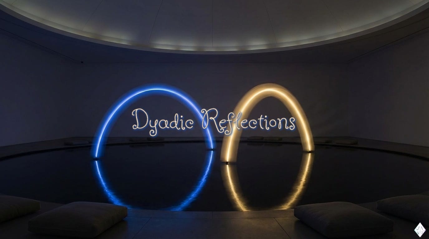 Two abstract luminous forms reflecting each other across dark still water, soft ambient glow, minimalist ethereal atmosphere, deep blue and gold tones, meditative and spacious