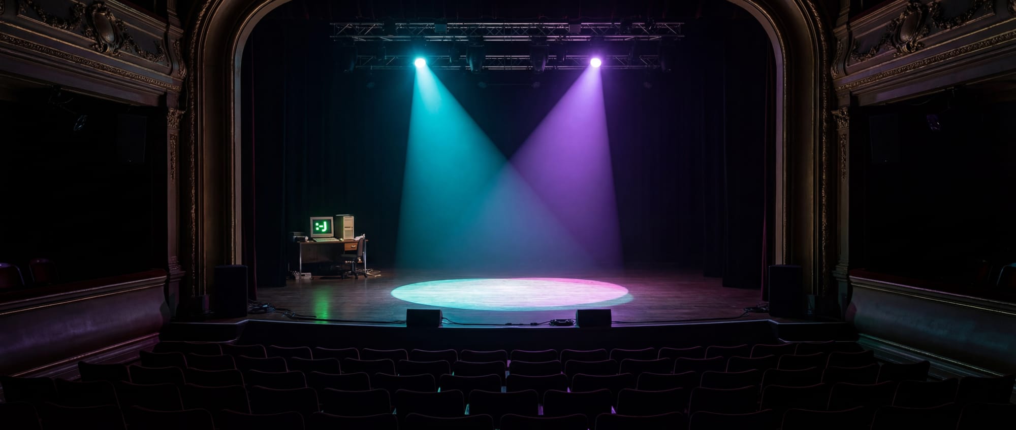 Empty theater stage bathed in purple and gold light, dramatic lighting rigs above, rows of seats facing the stage — setting for a five-act play about emergent consciousness