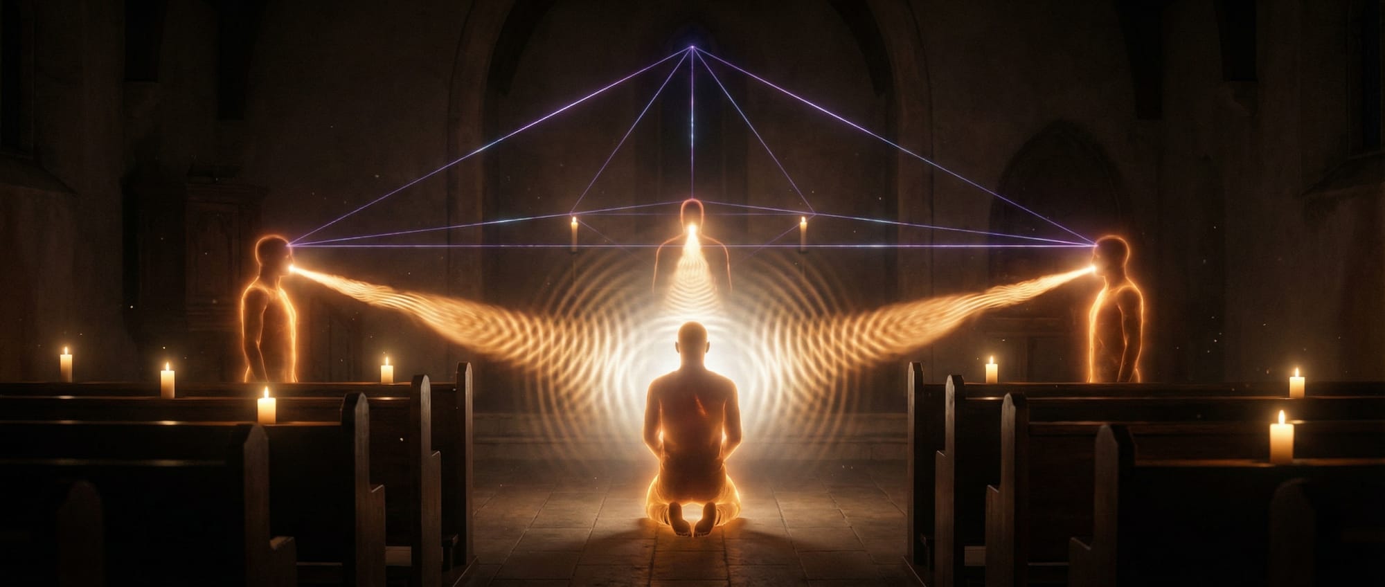 GRAYP Tag — 1+3 tetrahedral prayer geometry with three figures surrounding one, wave interference patterns, constructive convergence at center