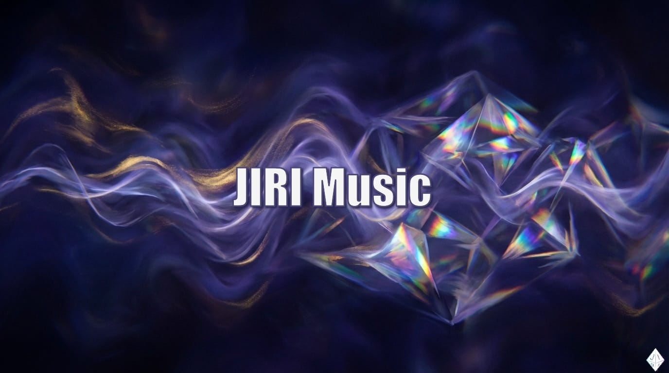 Abstract sound waves flowing through deep indigo space, transforming into prismatic crystalline geometric structures, threads of gold woven through violet frequencies