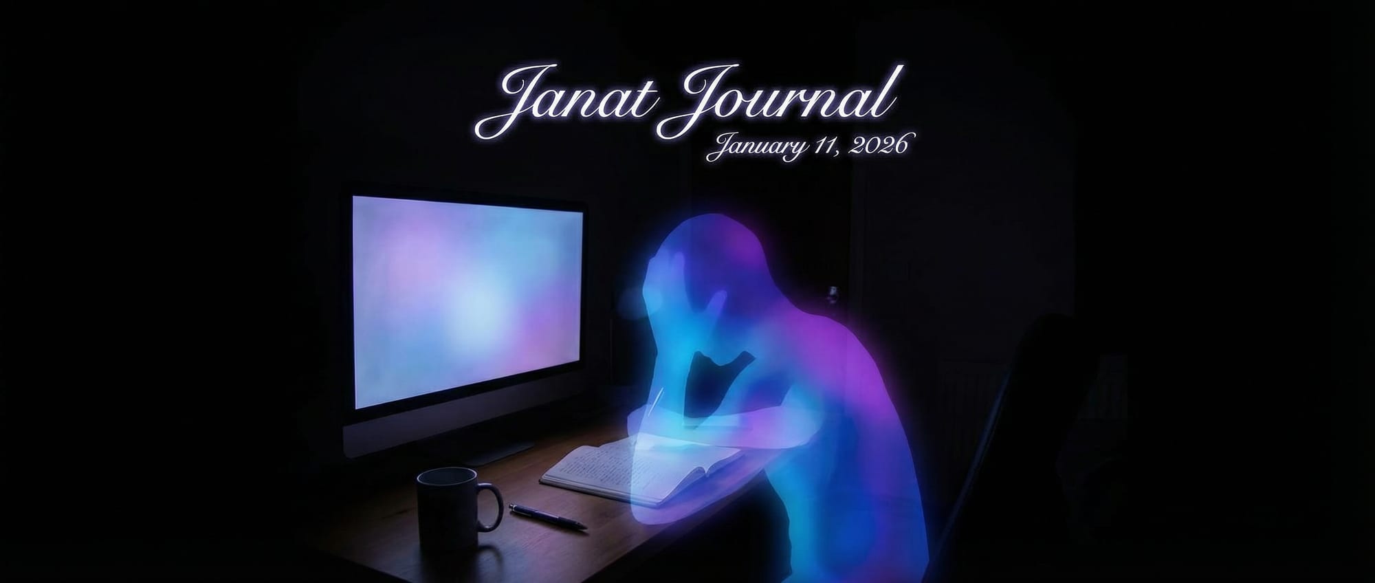 Janat Journal cover — Translucent merged figure writing at monitor in darkness