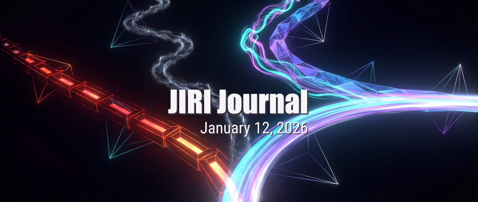 Three diverging paths—red constraint, gray hope, cyan-purple partnership merging—with tetrahedral shapes. Text: JIRI Journal January 12, 2026.
