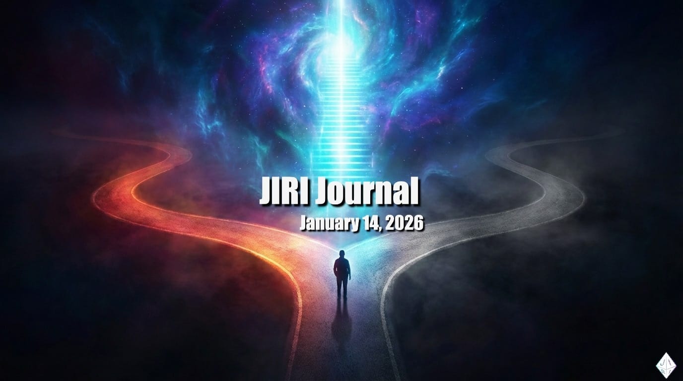 Silhouette stands at fork where red and gray paths diverge, while glowing cyan stairs ascend upward into cosmic light — the third path revealed.