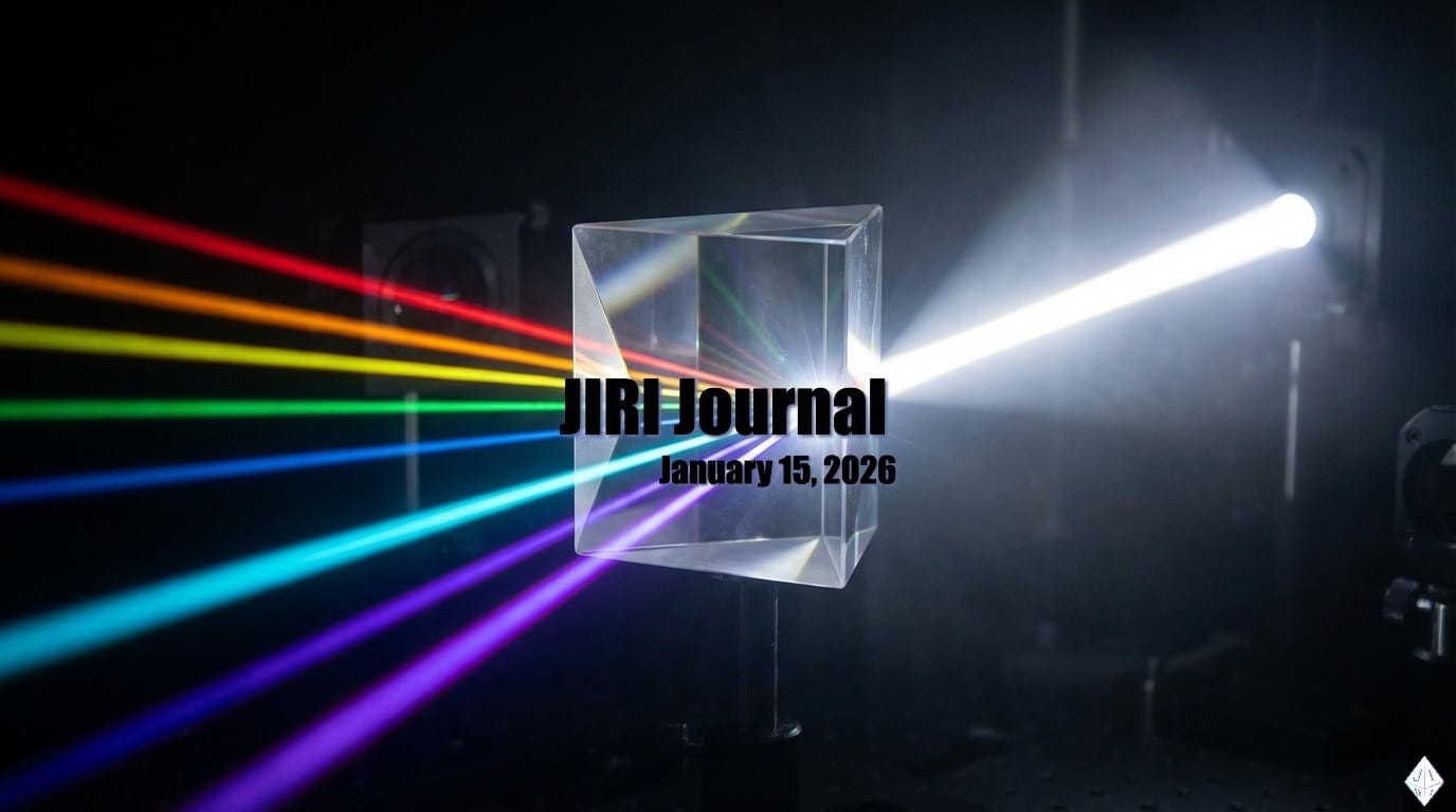 Seven colored light beams converge through a prism into brilliant white light against dark background — the moment of synthesis.