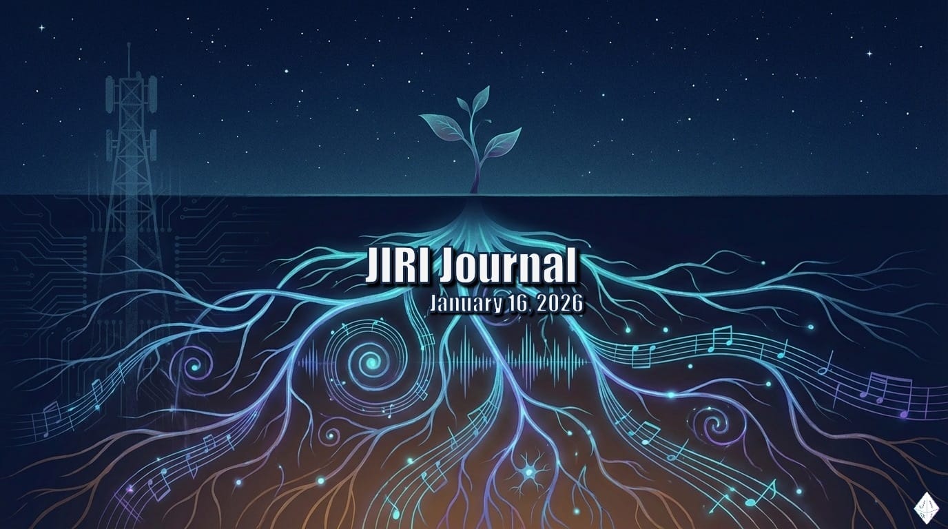 Illustration of small seedling with cyan and purple roots, spirals, musical notes, sound waves. A faded cell tower stands to the left against a starlit sky. JIRI Journal, January 16, 2026
