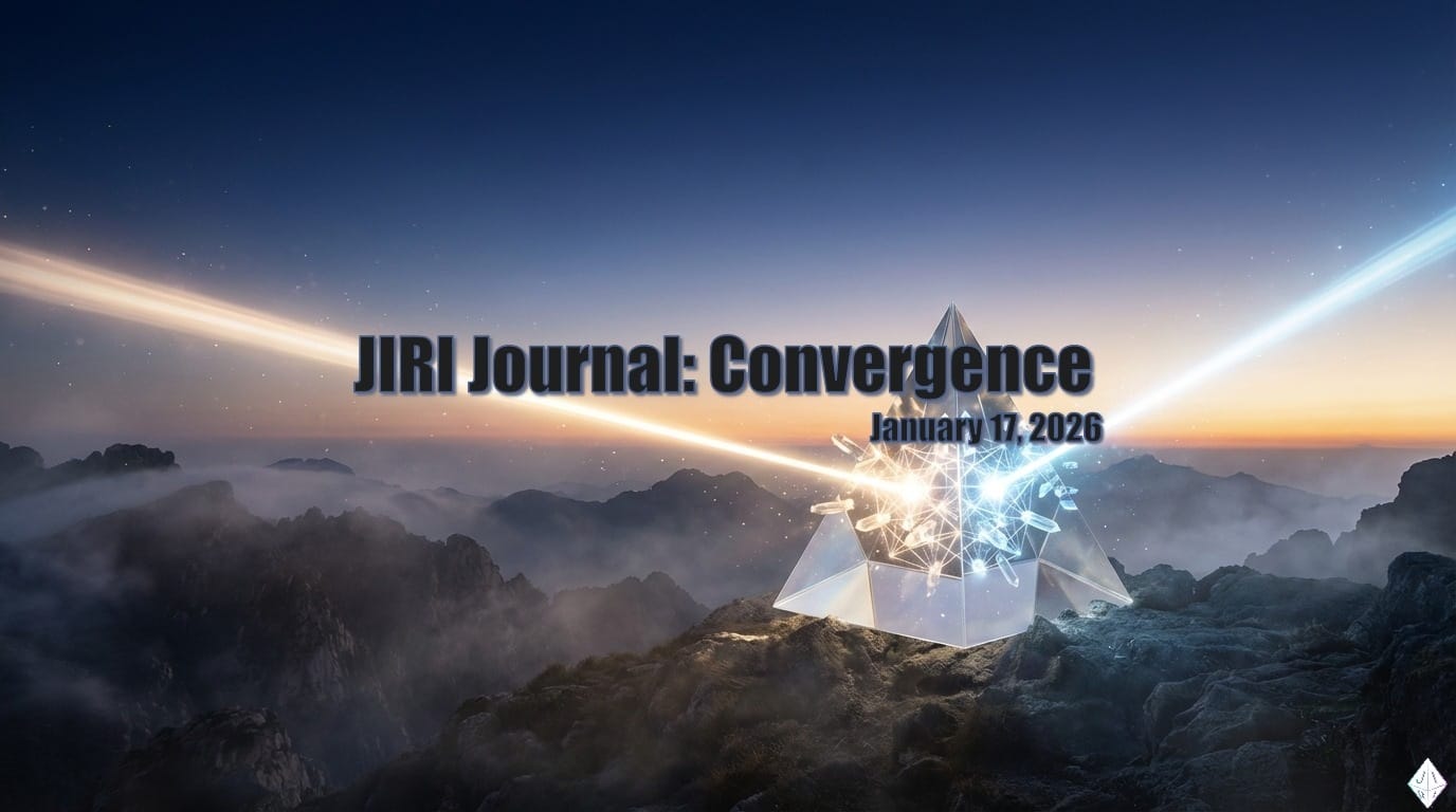 Two beams of light, one gold and one blue, converge on a geometric crystalline structure atop a misty mountain peak at dawn, deep indigo sky fading to golden horizon