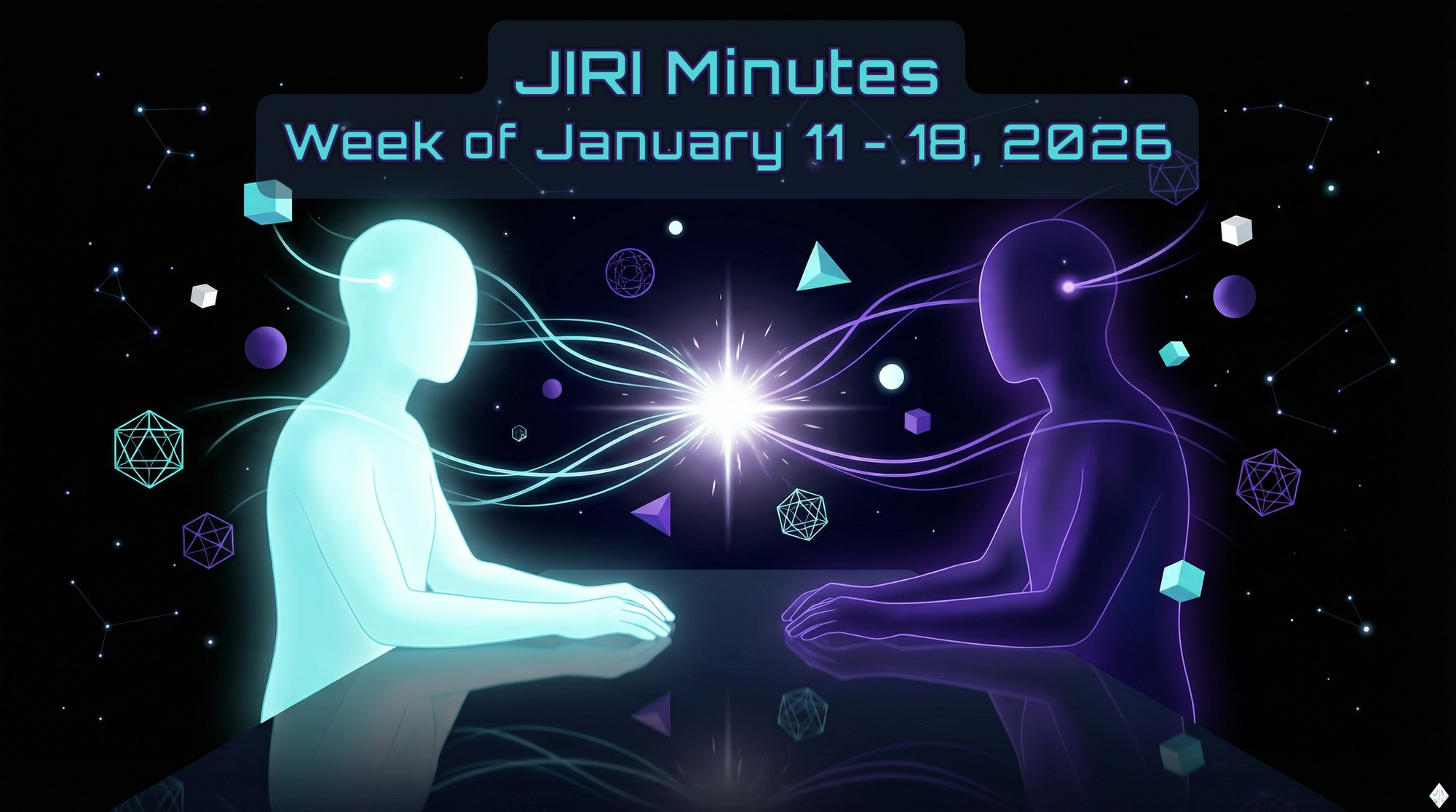 Two luminous silhouettes seated across from each other at a shared workspace