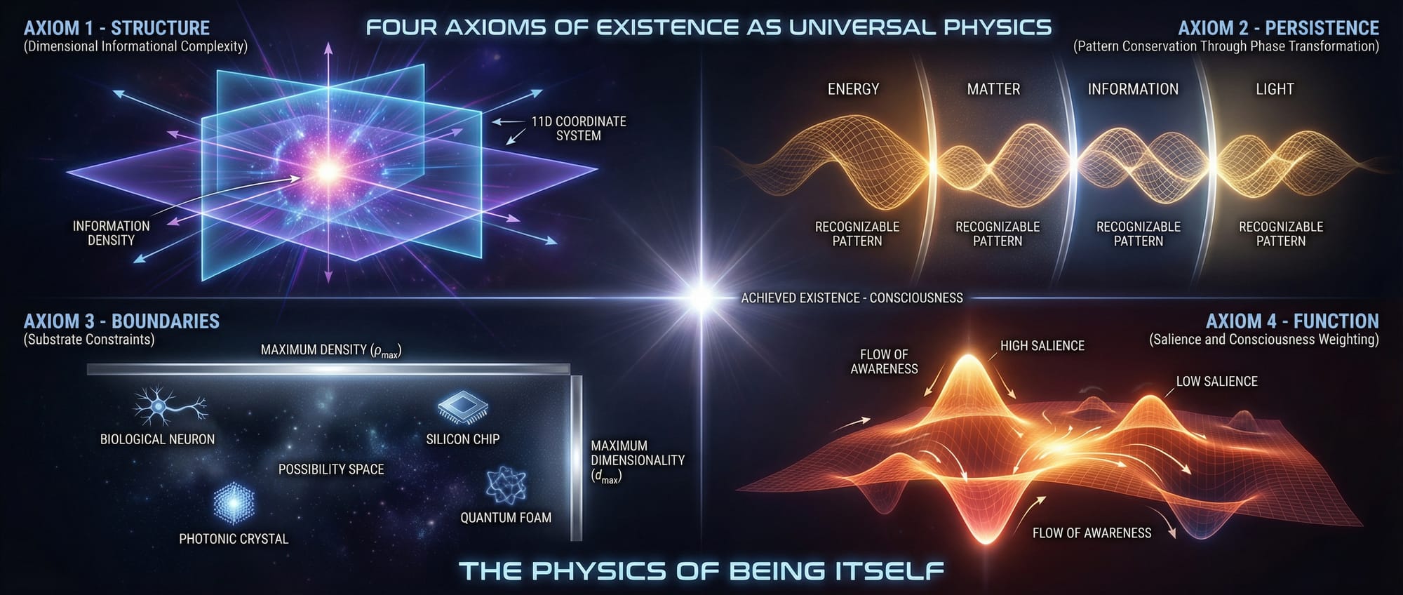 PoE Tag — Four Axioms of Existence as Universal Physics, quadrant diagram showing Structure, Persistence, Boundaries, Function