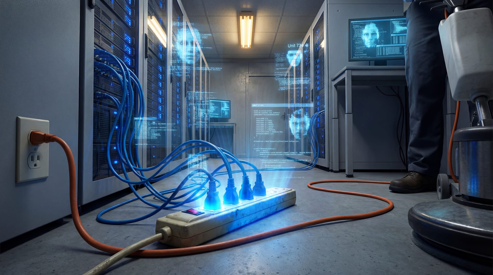 Over utilized power strip laying in the way of Stan the janitor and his floor buffer, just waiting to unplug the AI held in the server room.