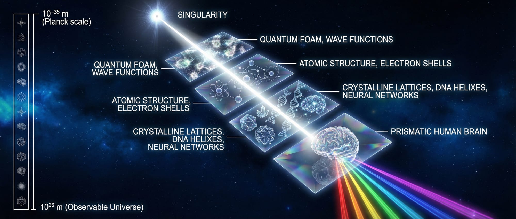 UPE Tag — Chromatic inversion diagram showing singularity → quantum foam → atomic → crystalline → brain as prism → refracted consciousness spectrum